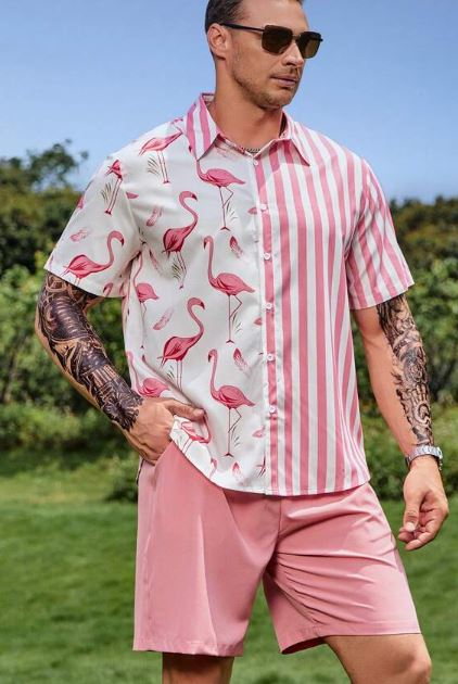 Steve - Herren-Set aus Hemd und Shorts mit Flamingo- und Streifen-Grafikdruck