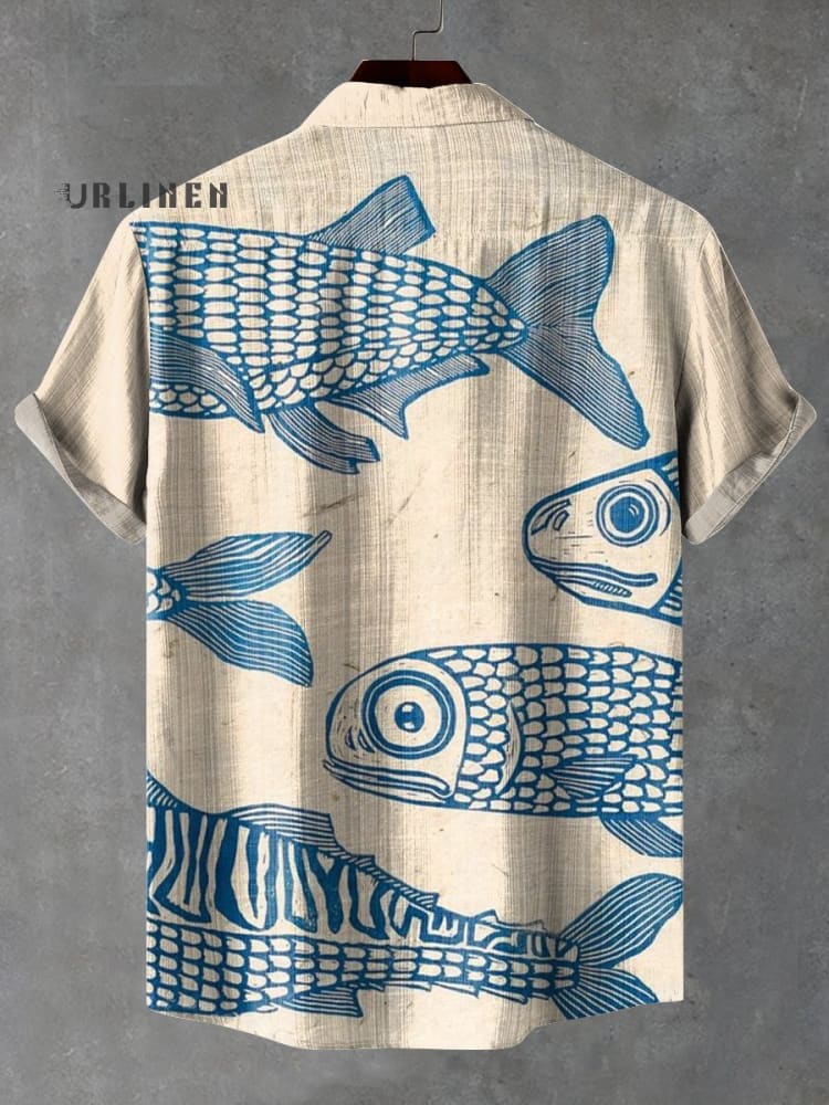 Blaues Minimalistisches Fisch Vintage Print Freizeithemd